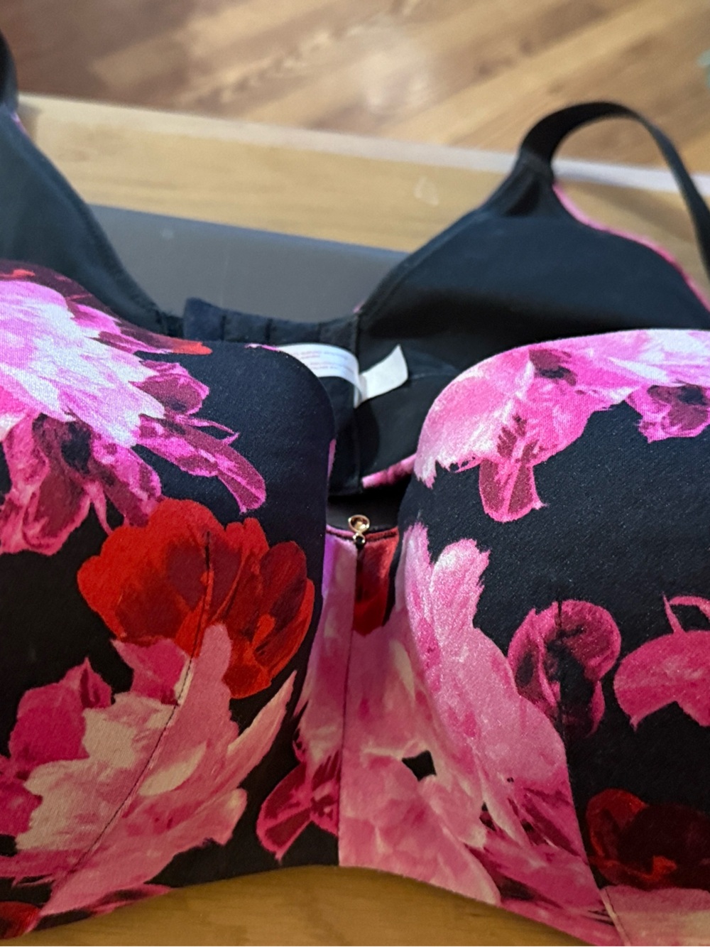 Cacique Black Bra with Pink & Red Floral Print